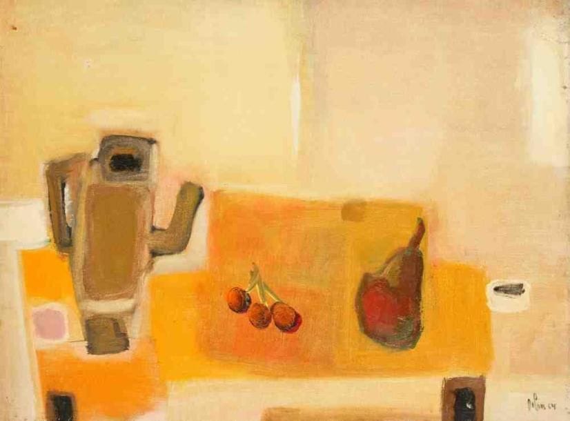 Nature morte aux cerises, 1964 Huile sur toile. Signée et datée en bas à droite. Petit enfoncement et manques. 55 x 73 cm