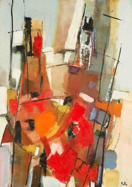 Nature morte à la chaise, vers 1965 Huile sur toile. Signée en bas à droite. 92 x 65 cm