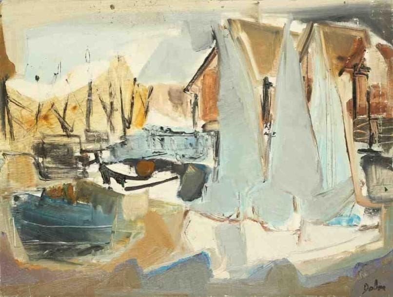 Les voiles à Piquey, vers 1965 Huile sur toile. Signée en bas à droite. Titrée au dos. 48 x 62 cm