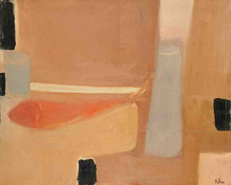 Nature morte au pot gris, vers 1965 Huile sur toile. Signée en bas à droite. Titrée au dos. 65 x 81 cm