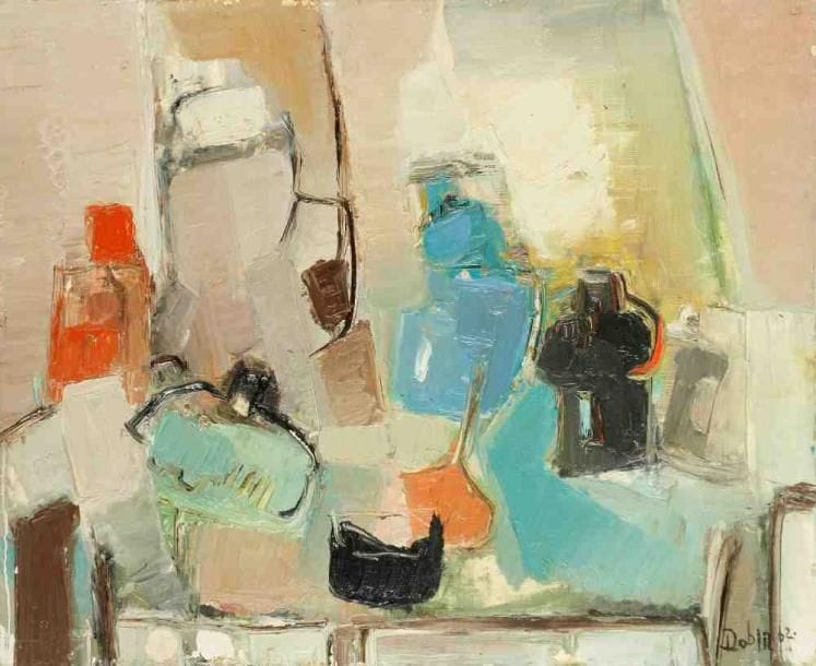 La table de toilette, 1962 Huile sur toile. Signée et datée en bas à droite. Titrée au dos. 50 x 61 cm