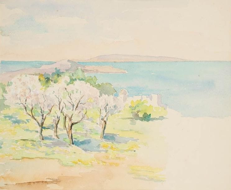 LOUISE-MARIE PEYRE (1897-1975)
Maison du peintre Félix Guyot-Guillain à Sainte-Monique; Maison au bord du Golfe de Tunis; Amandiers au bord de la mer; Mosquée de Douar Chott et Rue tunisienne. Deux aquarelles sur papier dont une datée 14 août 1944, une eau-forte aquarellée signée, et une étude à l'encre et lavis, certifiées au dos par la fille de l'artiste. 12 x 19 cm, 23 x 29 cm, 23 x 31 et 38 x 46 cm