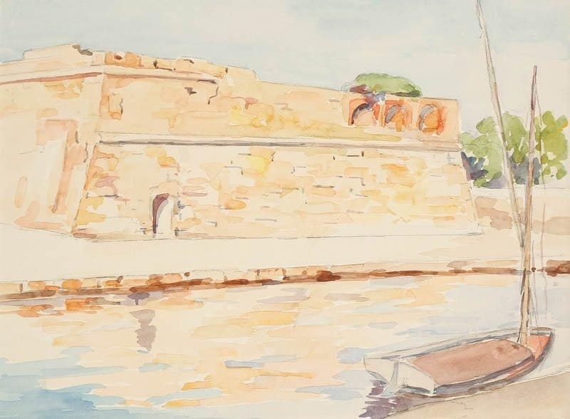 LOUISE-MARIE PEYRE (1897-1975)
Voilier au soleil couchant, Le fort de La Goulette, et La Goulette, le port. Trois aquarelles sur papier titrées et certifiées au dos par la fille de l'artiste. 24 x 32 cm