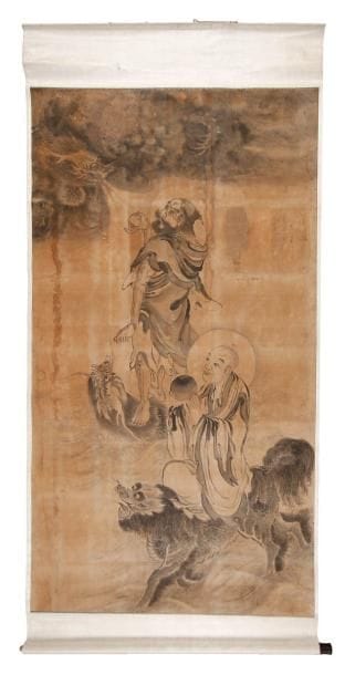 Peinture en hauteur, encre sur papier, deux immortels sur des kilins. (reproduction d'une peinture sur papier). Montée en rouleau