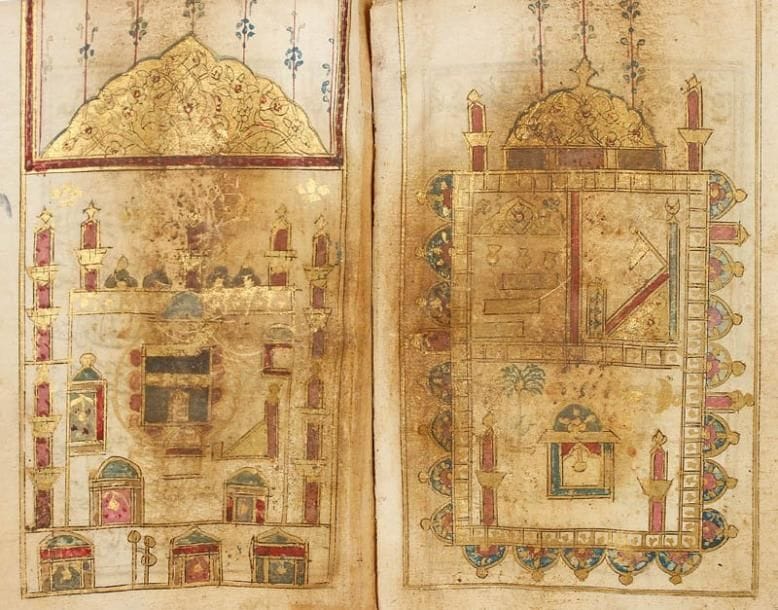 LIVRE DE PRIÈRES, DALA'IL AL-KHAYRAT, TURQUIE, ART OTTOMAN, XIXe SIÈCLE Manuscrit sur papier de 149 folios en écriture naskhî de 9 lignes de texte par page à l'encre noire et quelques mots en rouge. Petit frontispice en unwân surmonté d'une arcature dorée et polychrome ornée d'un rinceau fleuri de palmettes. Texte enluminé de rosettes dorées et titres des parties dans des unwân-s polychromes et dorés; la dernière section commence par un petit frontispice. Les 17ème et 18ème folios sont ornés d'une représentation en miroir des harams de Médine et La Mekke en polychromie et dorée. Une deuxième représentation de ces scènes, provenant d'un autre manuscrit, a été rajoutée en frontispice. Reliure à rabat en cuir grenat. 15,5 x 10,6 cm Petites taches, quelques folios consolidés, reliure usée