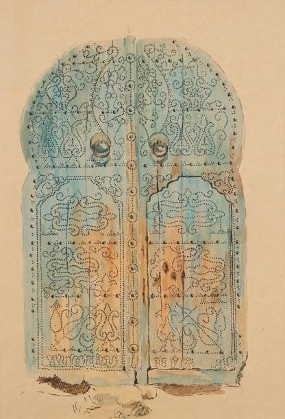 LOUISE-MARIE PEYRE (1897-1975)
Deux portes dans la médina de Tunis, l'une rue Sidi Kacem. Dessins à l'encre aquarellés sur papier, l'un daté 7-14 mars 1948, et tout deux certifiés au dos par la fille de l'artiste. 46 x 27 cm et 53,5 x 37,7 cm LOUISE-MARIE PEYRE (ALGER 1897-MENTON 1975) Cette artiste peintre, notamment formée à l'académie des Beaux- Arts d'Avignon, passa la majeure partie de sa vie dans la petite ville de Salammbô, en Tunisie d'où elle peignit l'essentiel de son oeuvre, principalement connue pour ses paysages, scènes de vie, natures mortes et floralies tunisiennes. Dans les années 1950, elle participa à de nombreuses expositions à Tunis, notamment à l'école des Beaux-arts, au salon Tunisien et à l'Union Féminine Artistique et Culturelle-UFAC