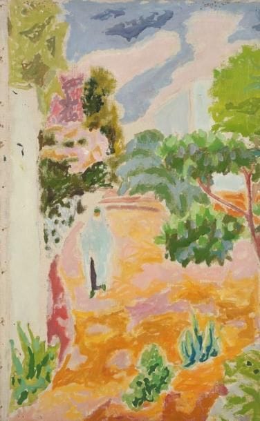 Jules CAVAILLES (1901-1977)
Femme voilée dans un jardin à Tipazza Huile sur toile. Non signée. Trous de punaises. 61 x 38 cm