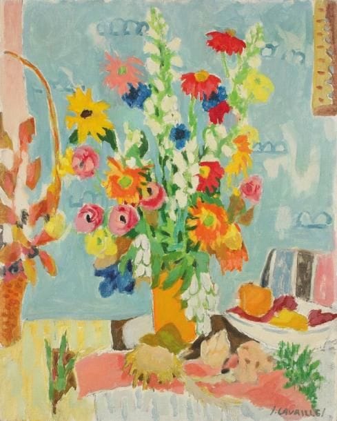 Jules CAVAILLES (1901-1977)
Bouquet, fond bleu, vers 1968 Huile sur toile. Signée en bas à droite. Signée et titrée au dos. 81 x 65 cm