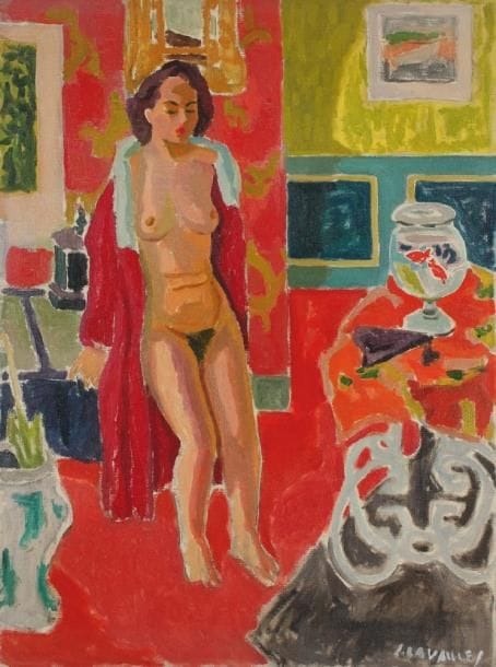 Jules CAVAILLES (1901-1977)
Nu au tapis rouge Huile sur toile. Signée en bas à droite. Signée et titrée au dos. 81 x 60 cm