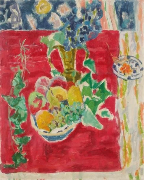 Jules CAVAILLES (1901-1977)
Corbeille de fruits sur fond rouge Huile sur toile. Non signée. 82 x 65 cm