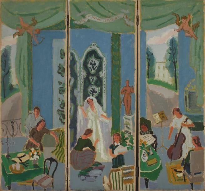 Jules CAVAILLES (1901-1977)
La mariée Paravent. Trois huiles sur toiles marouflées sur panneaux. Non signé. 123 x 130 cm (chaque panneau: 123 x 43 cm). Griffures et petites manques.