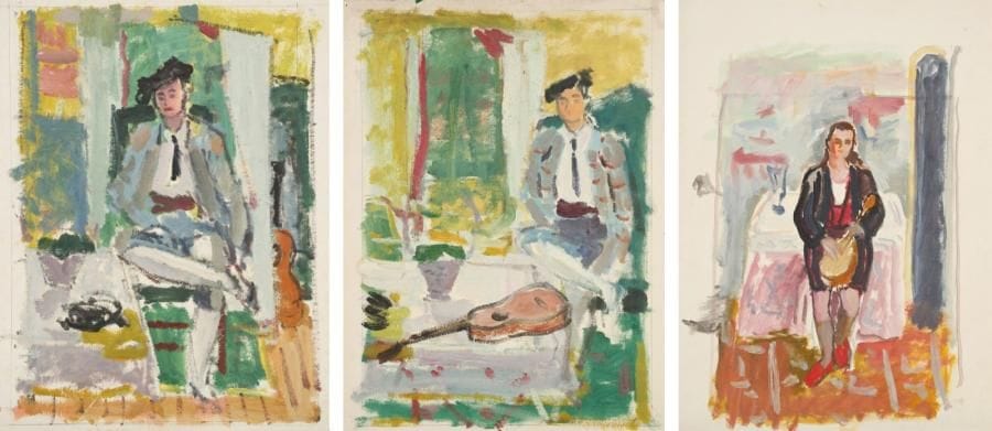Jules CAVAILLES (1901-1977)
Torero à la guitare (2) Femme à la mandoline Trois gouaches. Non signées. 60 x 50 cm et 72 x 53 cm.