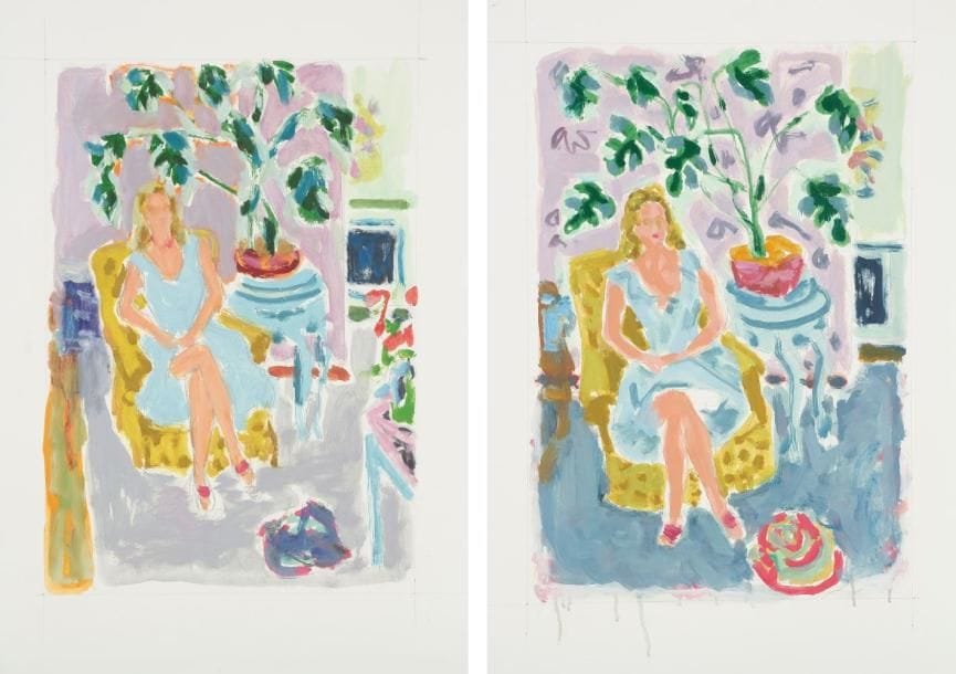 Jules CAVAILLES (1901-1977)
Femme assise à la plante verte (2) Deux gouaches. L'une signée au dos. Projets de lithographies. 64 x 50 cm chaque.