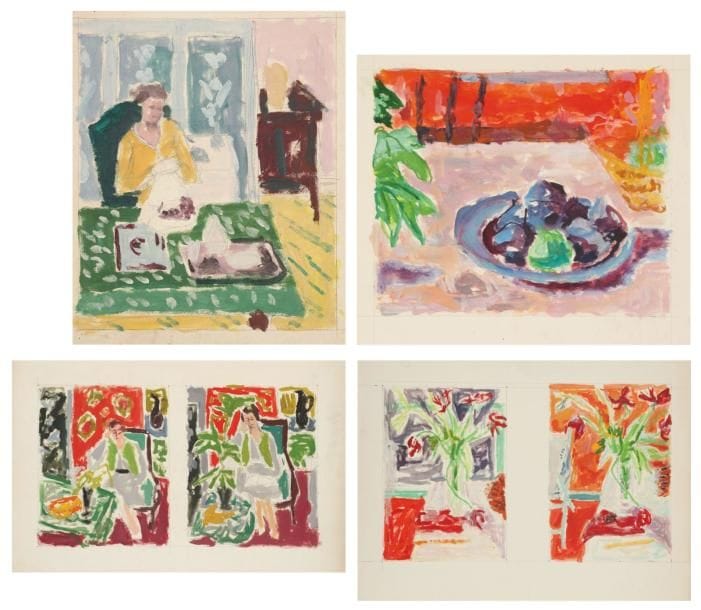 Jules CAVAILLES (1901-1977)
Femme dans un intérieur (2) Bouquet Coupe de fruits Quatre gouaches. Non signées. Projets de lithographies. Formats divers.