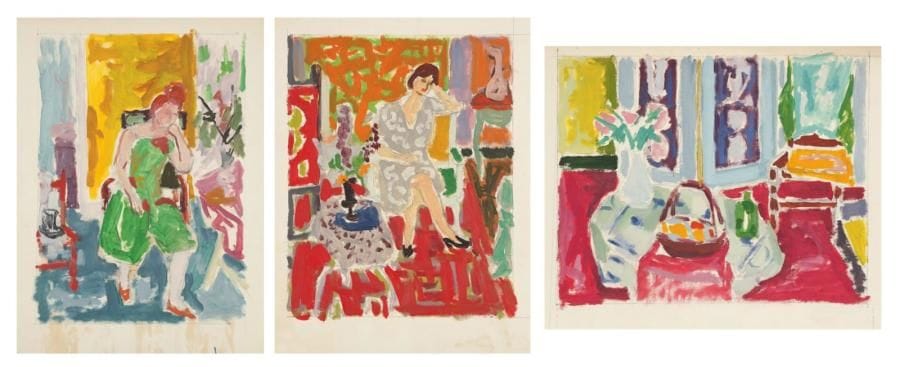 Jules CAVAILLES (1901-1977)
Femme assise dans un intérieur (2) Deux gouaches. Non signées. Projets de lithographies. 72 x 54 cm et 64 x 54 cm. Accident à l'une.