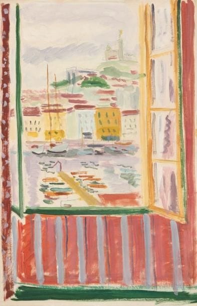 Jules CAVAILLES (1901-1977)
Vue de la fenêtre sur le port de Marseille Aquarelle et gouache. Signée en bas à droite. 52 x 34 cm