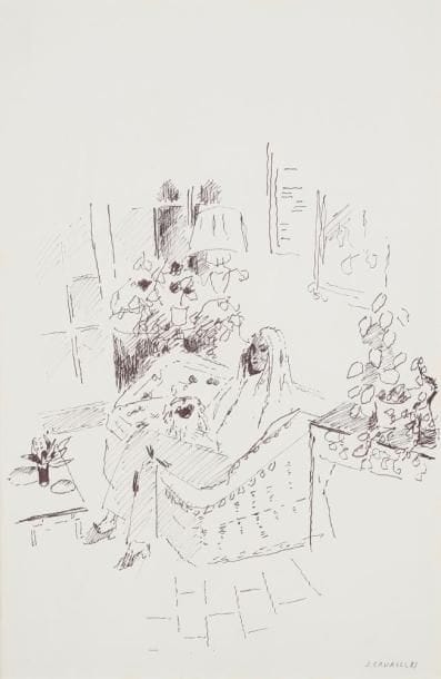 Jules CAVAILLES (1901-1977)
Femme dans un intérieur avec son chien Feutre. Signé en bas à droite. 52 x 34,5 cm