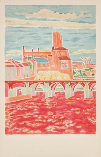 Jules CAVAILLES (1901-1977)
Albi, le Pont Vieux et le Palais de la Berbie Lot comprenant: - Une lithographie sur vélin signée. - Une affiche France-Languedoc, texte en anglais (petites déchirures dans les marges). Environ 100 x 62 cm chaque.