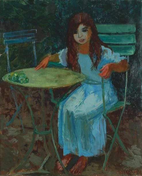 Christian CAILLARD (1899-1985)
Jeune femme au guéridon, 1948 Huile sur toile. Signée et datée en bas à droite. Numérotée au dos 734. 73 x 60 cm (*)