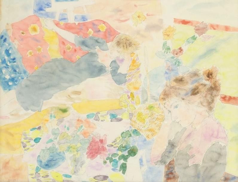 Raymond LEGUEULT (1898-1971)
Jeunes femmes et fleurs, 1950 Mme Legueult dans l'atelier (entre 1959 et 1954). Aquarelle et traits de crayon. Signée et datée en bas à gauche. 41 x 52,5 cm