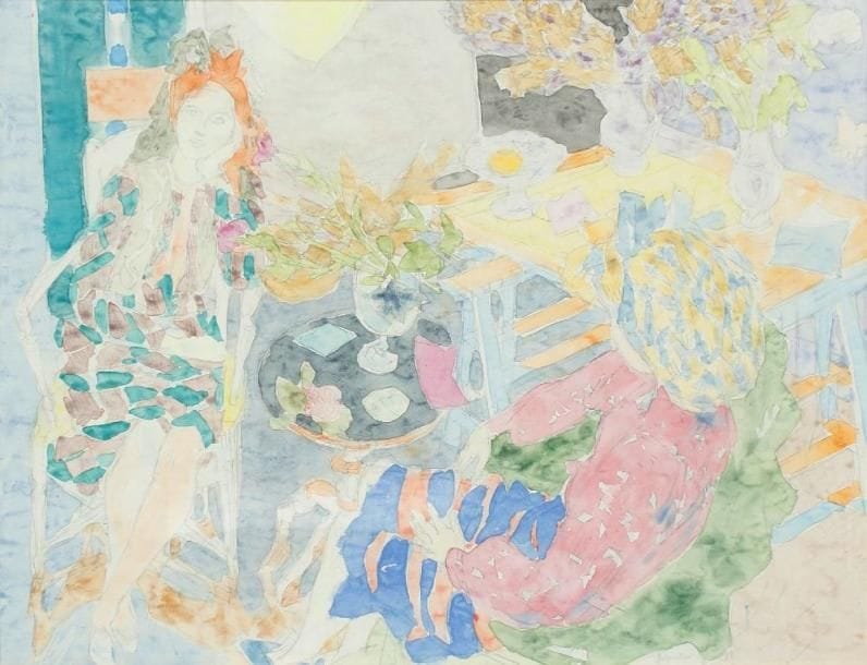 Raymond LEGUEULT (1898-1971)
Jeune femme assise à côté d'un guéridon, vers 1950/1952 Aquarelle et traits de crayons. Signée en bas à droite. 40 x 53,5 cm