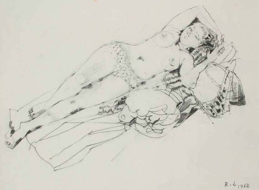 Raymond LEGUEULT (1898-1971)
Jeune femme allongée, Porquerolles, 1962 Crayon gras. Monogrammé et daté en bas à droite. 31 x 41,5 cm