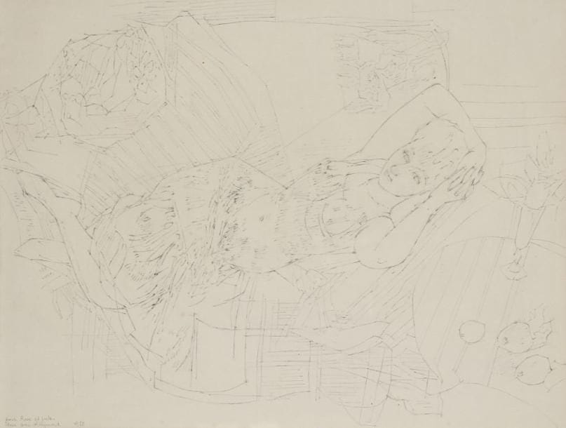 Raymond LEGUEULT (1898-1971)
Jeune femme allongée sur un canapé, 1960 Crayon. Dédicacé «leur ami Raymond» et daté en bas à gauche. 40,5 x 52,5 cm