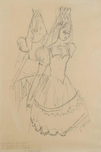 Raymond LEGUEULT (1898-1971)
Madeleine Renaud en Rosine dans le Barbier de Séville Crayon. Signé et dédicacé en bas à gauche. 36 x 24 cm