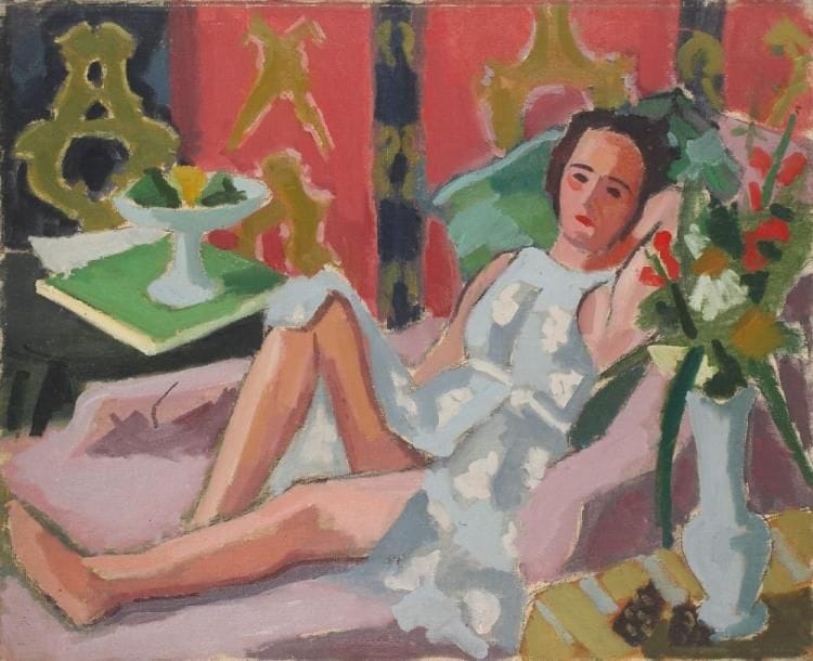 Jules CAVAILLES (1901-1977)
Jeune femme à la robe bleue à fleurs blanches Huile sur toile. Non signée. 81 x 100 cm