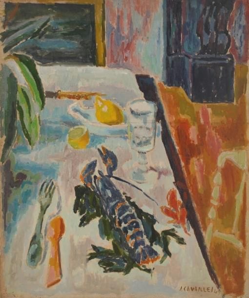Jules CAVAILLES (1901-1977)
Nature morte au homard, 1941 Huile sur toile. Signée et datée en bas à droite. 65 x 54 cm