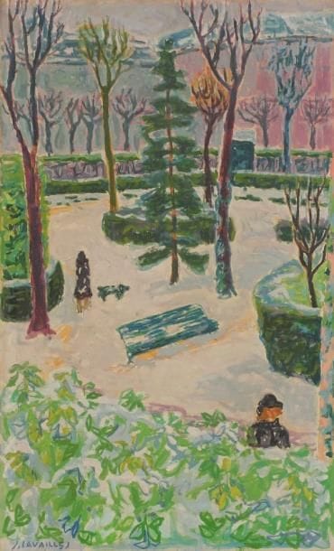 Jules CAVAILLES (1901-1977)
Le parc sous la neige Huile sur toile. Signée en bas à gauche. Signée et titrée au dos. 81 x 50,5 cm