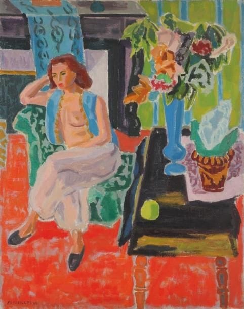 Jules CAVAILLES (1901-1977)
Femme au gilet bleu, 1946 Huile sur toile. Signée et datée en bas à gauche. 92 x 73 cm