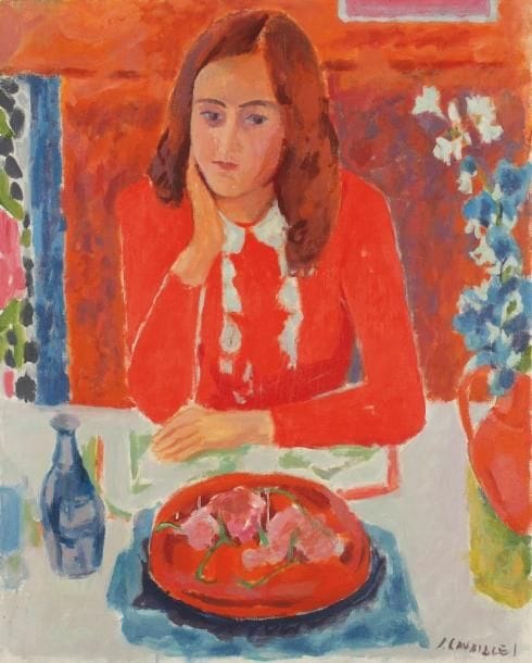 Jules CAVAILLES (1901-1977)
Françoise aux delphiniums Huile sur toile. Signée en bas à droite. 81 x 65,5 cm