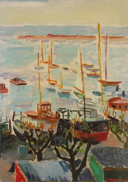 Jules CAVAILLES (1901-1977)
Le port, Cannes, vers 1955 Huile sur toile. Signée en bas à droite. Signée et titrée au dos. 65 x 46 cm Exposition: Cavaillès, Musée Toulouse-Lautrec, Albi, 1982, n°41.