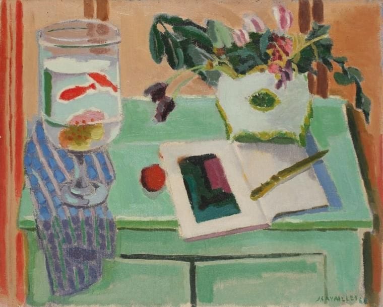 Jules CAVAILLES (1901-1977)
Bocal à poissons, 1960 Huile sur toile. Signée et datée en bas à droite. Signée et titrée au dos. 65 x 81 cm Exposition: Cavaillès, Musée Toulouse-Lautrec, Albi, 1982, n°47.