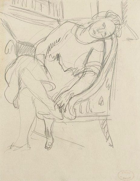 Henri Charles MANGUIN (1874-1949)
Femme assise au fauteuil, 1919 Dessin au crayon. Porte le cachet de la vente d'atelier en bas à droite. 27 x 21 cm