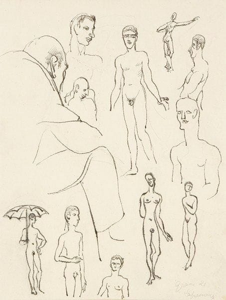 Roger de LA FRESNAYE (1885-1925)
Croquis avec l'homme nu à l'ombrelle, 1921 Dessin à l'encre. Signé, daté 21 et situé Grasse en bas à droite. 26,5 x 20 cm Provenance: - Ancienne collection Charles Ratton, Paris - Collection particulière, Paris Bibliographie: Roger de La Fresnaye par Germain Seligman, éditions Ides et Calendes, Neuchâtel, 1969, décrit et reproduit page 254 sous le n°530. Cette feuille d'études est ainsi décrite par Germain Seligman: «Amusante feuille de croquis qui débute, en haut à gauche, par une étude d'après nature de la grande figure voûtée; puis la plume se promène sur la page en créant des croquis fantaisistes tels que le danseur ou le nu à l'ombrelle.»