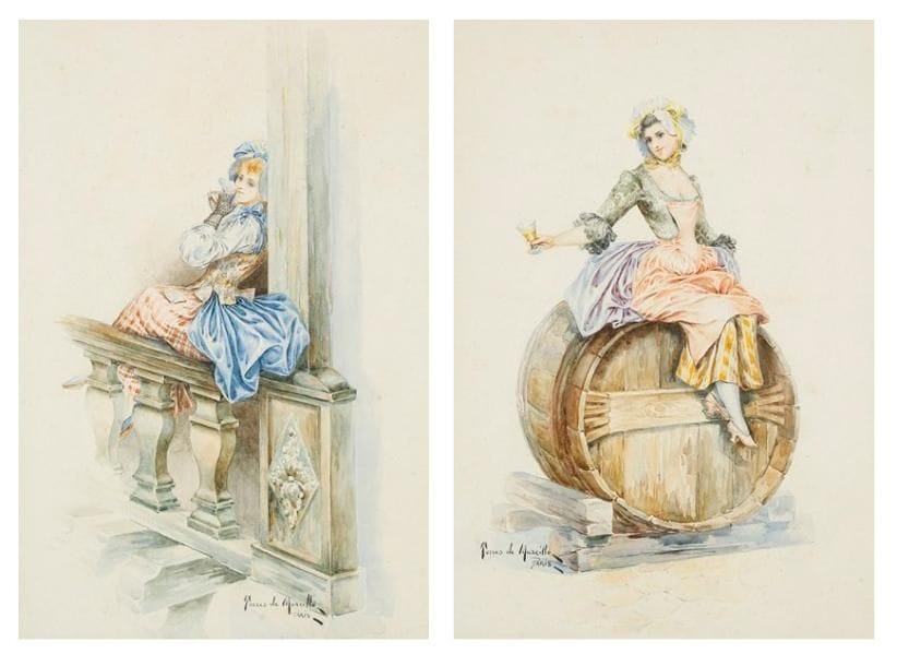 Marcillo DE TORRES (XIXe siècle)
Jeune femme au balcon Jeune femme au tonneau Aquarelles. Signées et situées Paris. 35,5 x 23,5 cm chaque (oxydations)