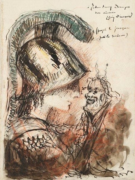 Lucien LEVY DHURMER (1865-1953)
Athéna Projet pour la Sorbonne. Dessin à l'encre et au lavis rehaussé de couleurs. Signé, titré et dédicacé en haut à droite. 25 x 18,5 cm