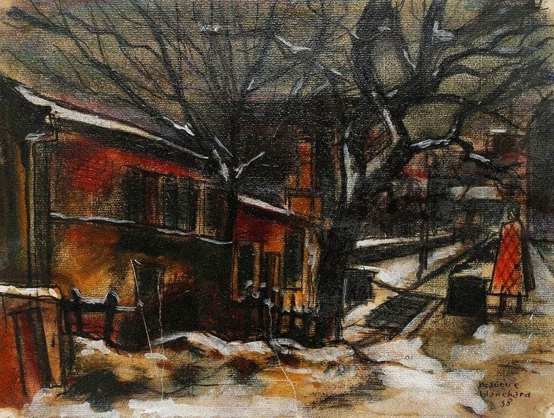 Maurice BLANCHARD (1903-1969)
Rue en hiver sous la neige, 1938 Technique mixte vernissée sur papier. Signée et datée 38 en bas à droite. (déchirures) 23,5 x 31 cm
