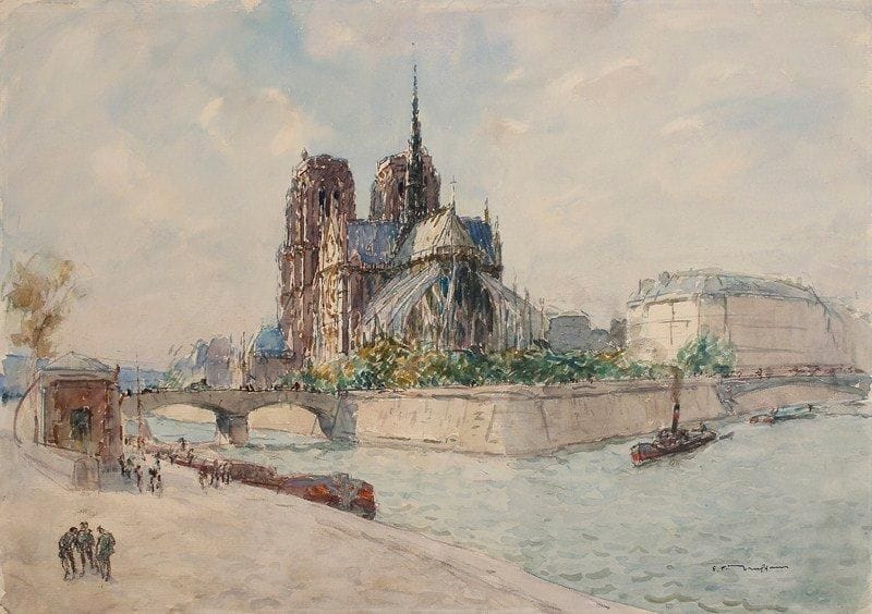 Fernand Fortuné TRUFFAUT (1866-1955)
Paris, la Seine au chevet de Notre-Dame Aquarelle sur traits de crayon. Signée vers le bas vers la droite. 36 x 51,5 cm