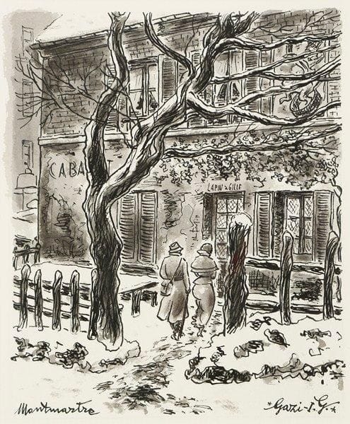 I. G. GAZI (1900-1975)
Le Lapin agile Dessin à l'encre et au lavis. Signé en bas à droite et situé Montmartre. 27,5 x 22,5 cm