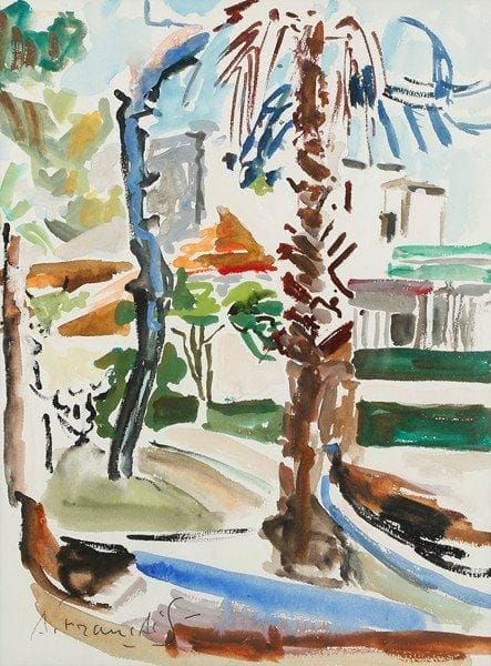 Anne FRANCAIS (1909-1995)
A l'ombre des palmiers Aquarelle. Signée en bas à gauche. 26 x 20 cm