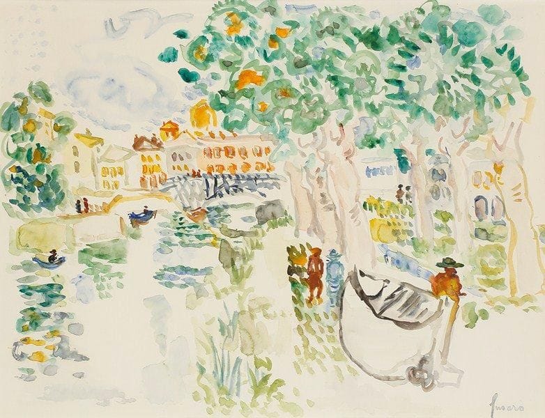 Jean FUSARO (né en 1925)
Rivière en bord de village Aquarelle. Signée en bas à droite. 47 x 61 cm