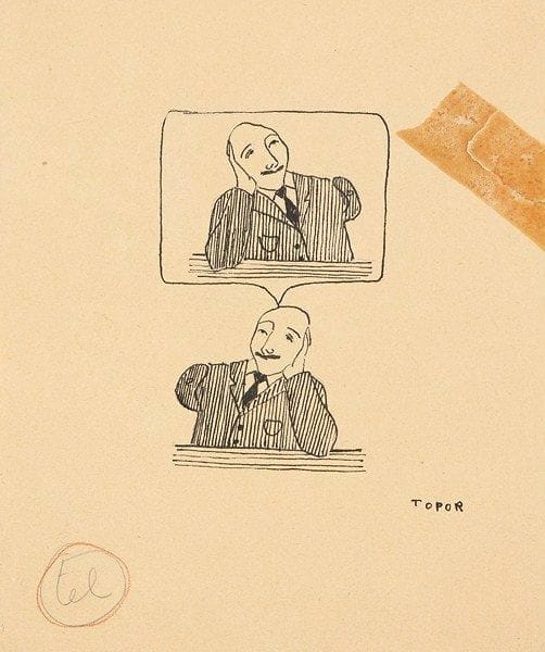 Roland TOPOR (1938-1997)
Homme pensif Dessin à l'encre. Signé en bas à droite. (déchirure) 15,5 x 13 cm