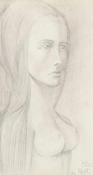 Roland CAT (né en 1943)
Jeune fille avec ses seins..., 1962 Dessin au crayon noir et à l'estompe. Signé et daté sept 62 et titré en bas à droite. 30,5 x 16,5 cm