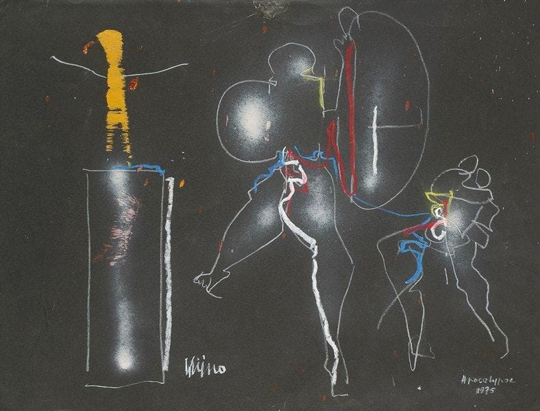 Ladislas KIJNO (né en 1921)
Apocalypse, 1975 Dessin à la craie blanche et rehauts de peinture. Signé en bas vers la gauche. Daté et titré en bas à droite. (petites déchirures) 50 x 65 cm