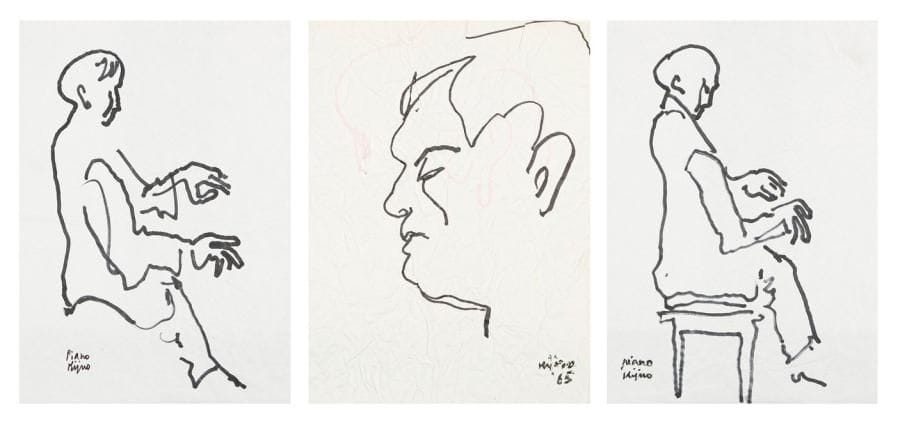 Ladislas KIJNO (né en 1921)
Piano (2) Profil d'homme Dessins à l'encre sur papier froissé. Deux signés et titrés, un signé et daté 65. 29 x 21 cm (2) et 29 x 23 cm