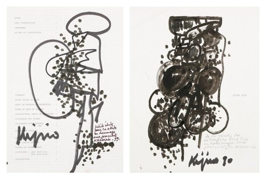 Ladislas KIJNO (né en 1921)
Etudes pour Stèle et Liturgies brûlées en hommages aux journalistes assassinés, 1990- 1999 Dessins à l'encre sur papier écolier. Signés, datés et titrés en bas. (pli à l'angle de l'un) 25,5 x 20 cm et 29,5 x 21 cm.