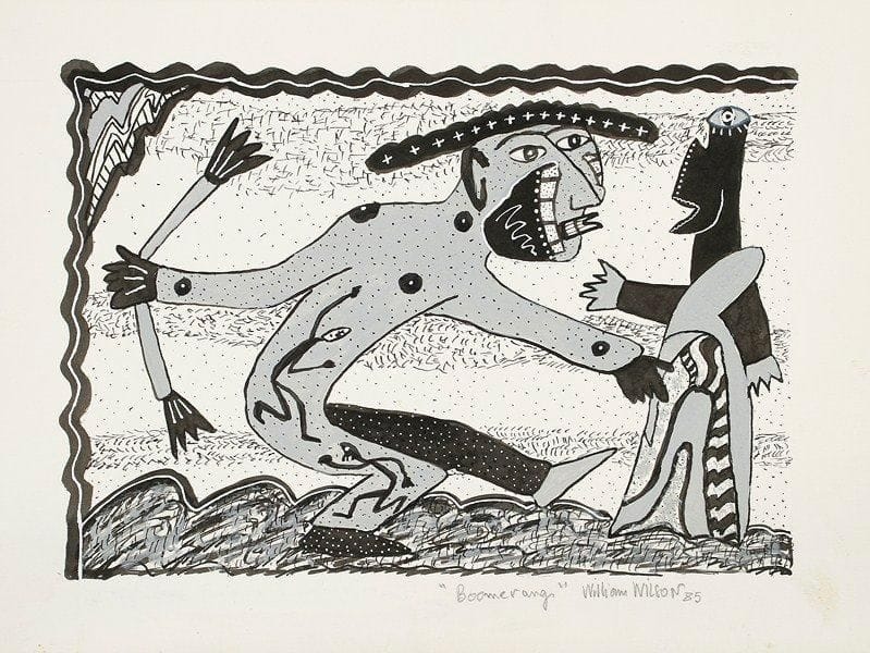 William WILSON (né en 1952)
Boomerang, 1985 Dessin à l'encre et gouache. Signé, daté et titré en bas à droite. 24 x 32 cm